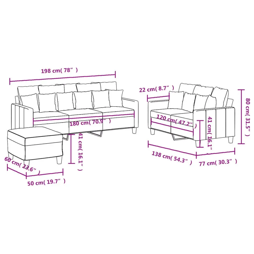 Grey 3 Piece Sofa Set with Footstool