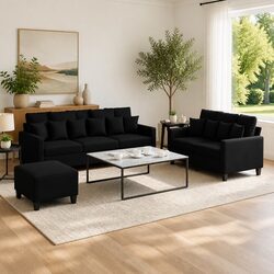 3 Piece Sofa Set: Black Fabric, Cushions & Footstool