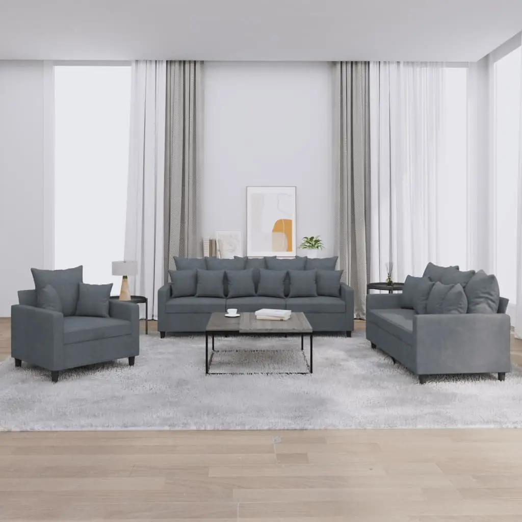 3 Piece Sofa Set Living Room Grey Velvet
