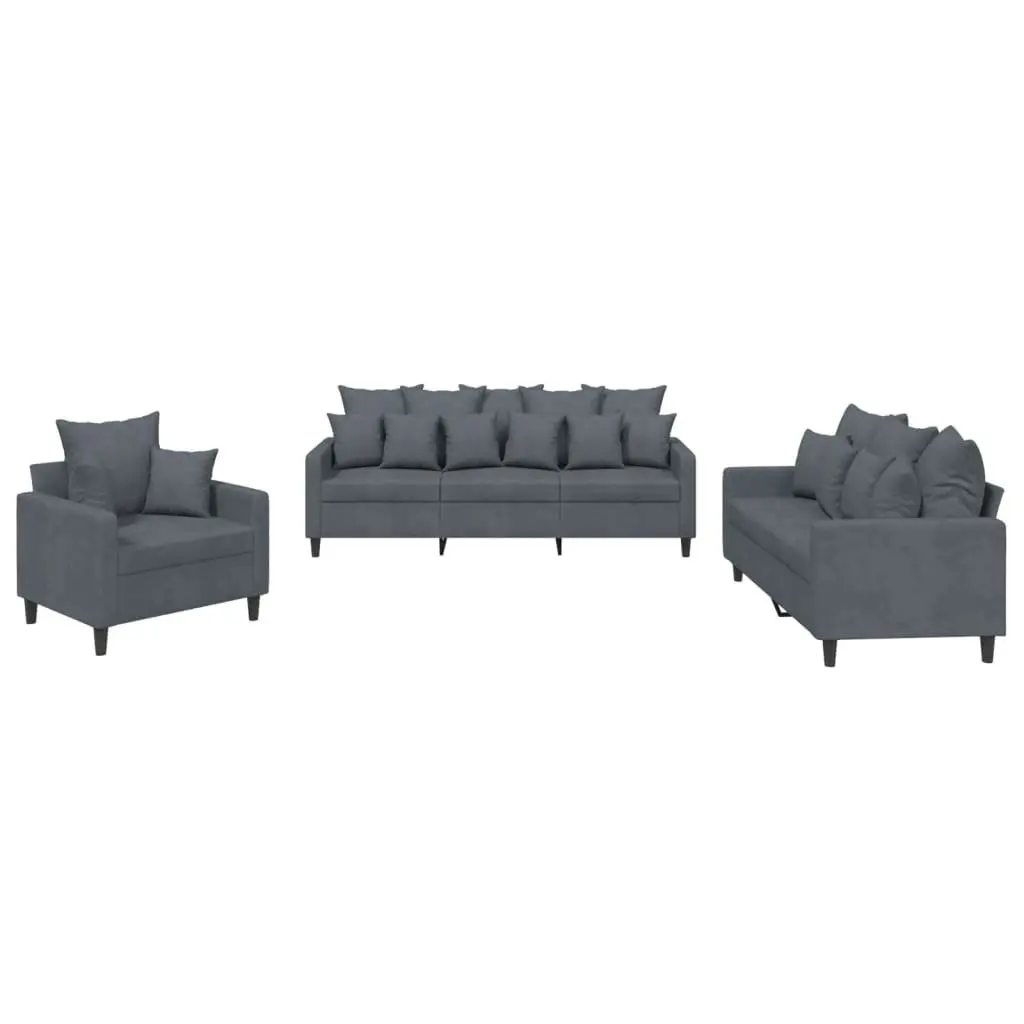 3 Piece Sofa Set Living Room Grey Velvet