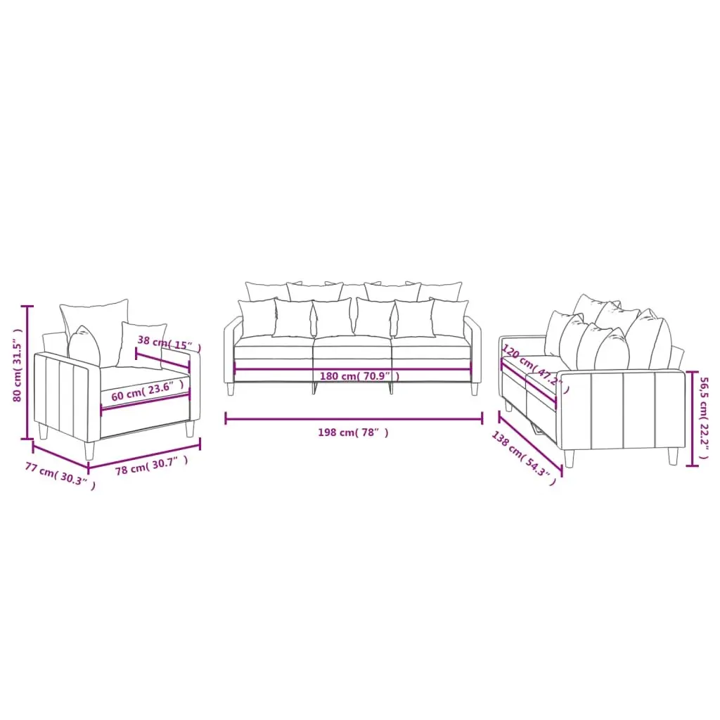 3 Piece Sofa Set Living Room Grey Velvet