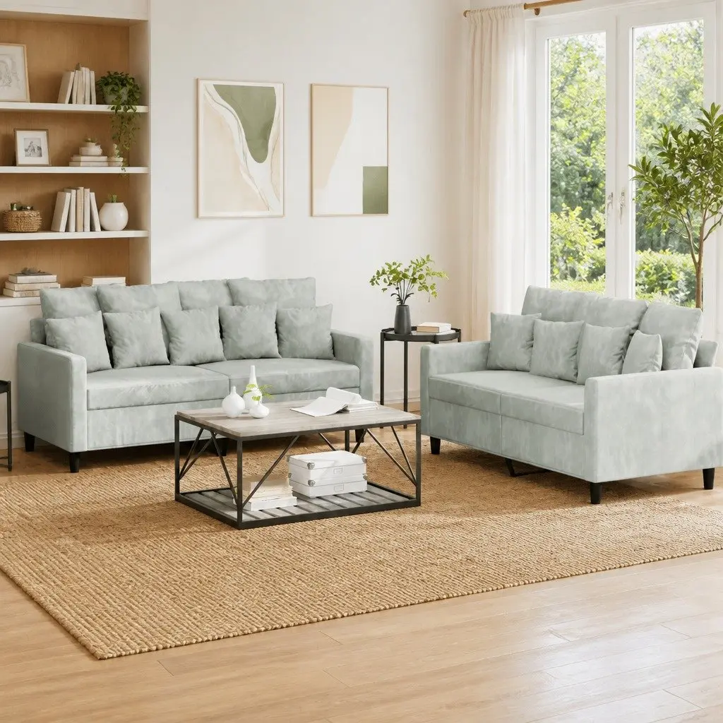 2 Piece Sofa Set Grey Velvet Living Room