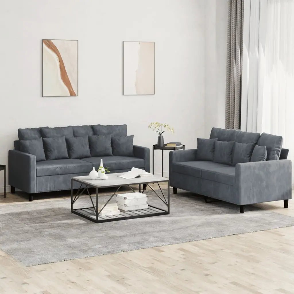 2 Piece Grey Velvet Sofa Set
