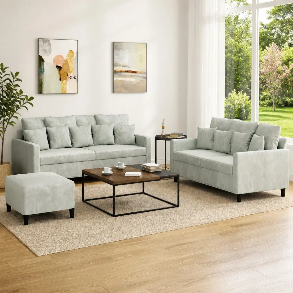 3 Piece Sofa Set with Footstool Grey Velvet Living Room Furniture Lounge Suite