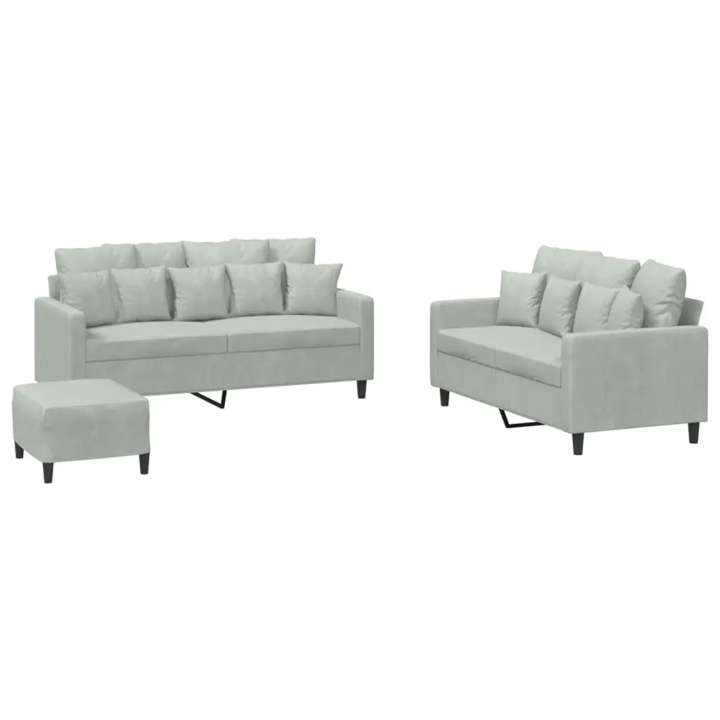 3 Piece Sofa Set with Footstool Grey Velvet Living Room Furniture Lounge Suite