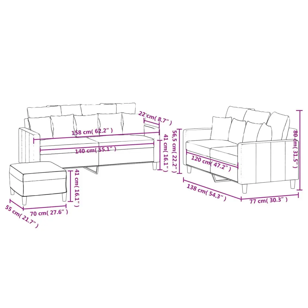 3 Piece Sofa Set with Footstool Grey Velvet Living Room Furniture Lounge Suite