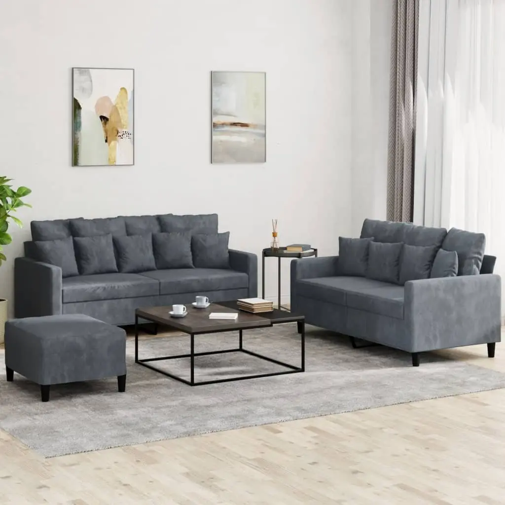 3 Piece Sofa Set for Living Room Grey Velvet