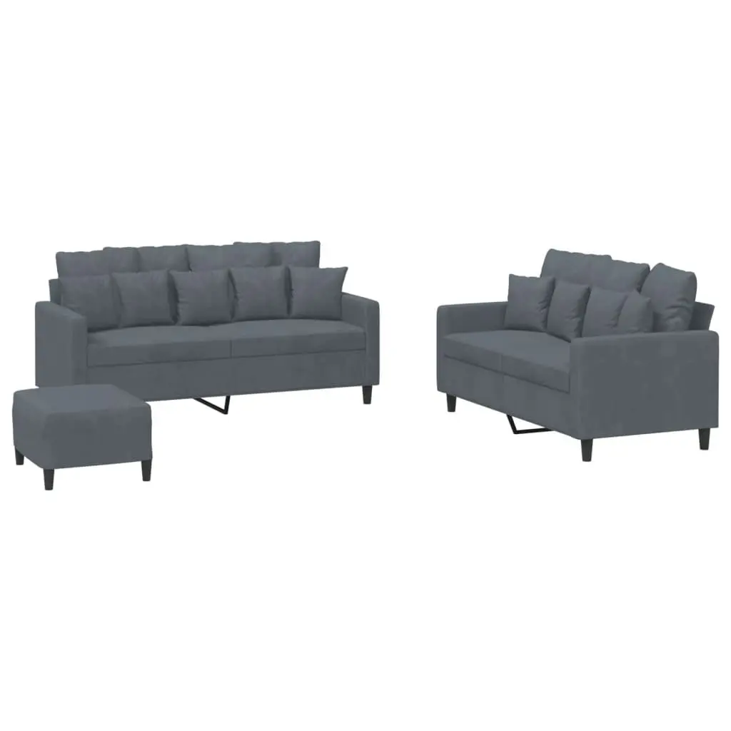3 Piece Sofa Set for Living Room Grey Velvet