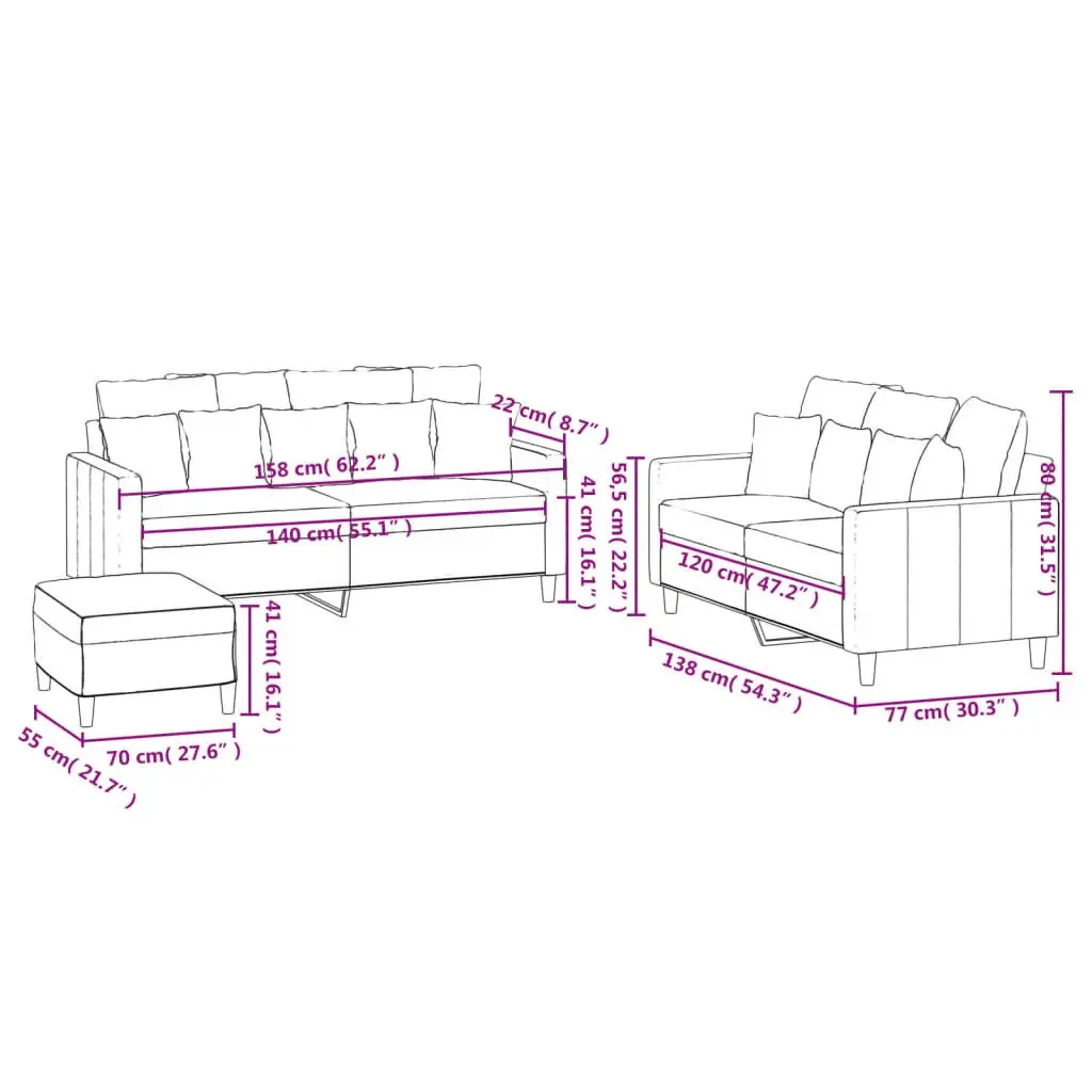 3 Piece Sofa Set for Living Room Grey Velvet