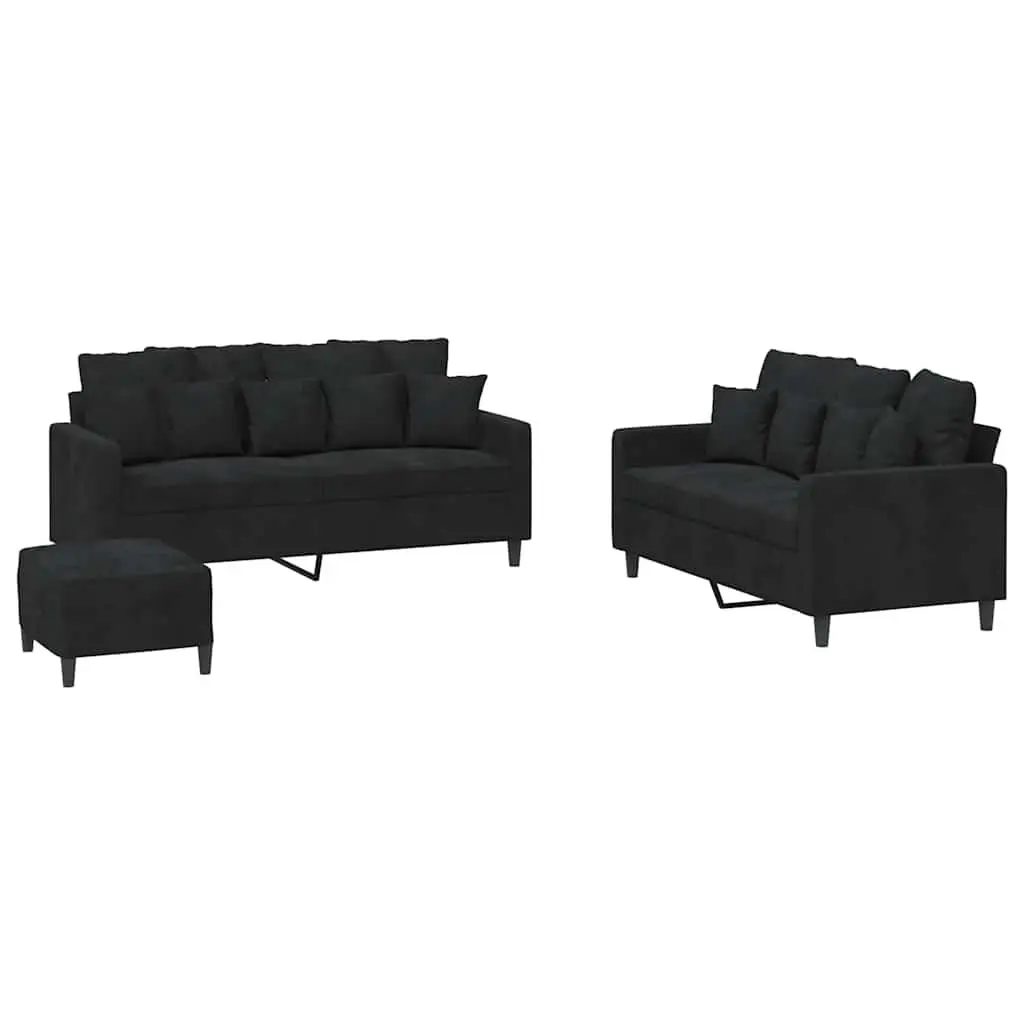 3 Piece Sofa Set Living Room Black Velvet