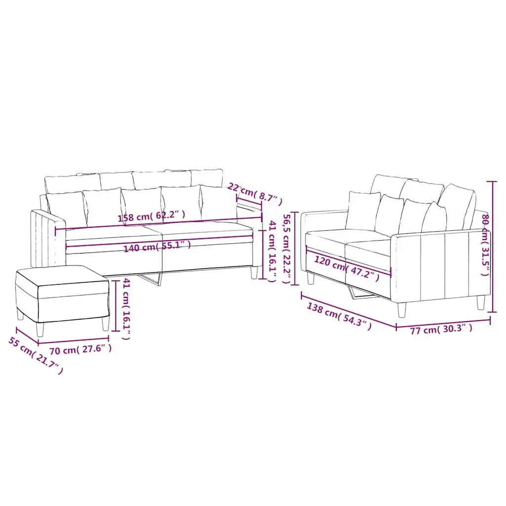 3 Piece Sofa Set Living Room Black Velvet