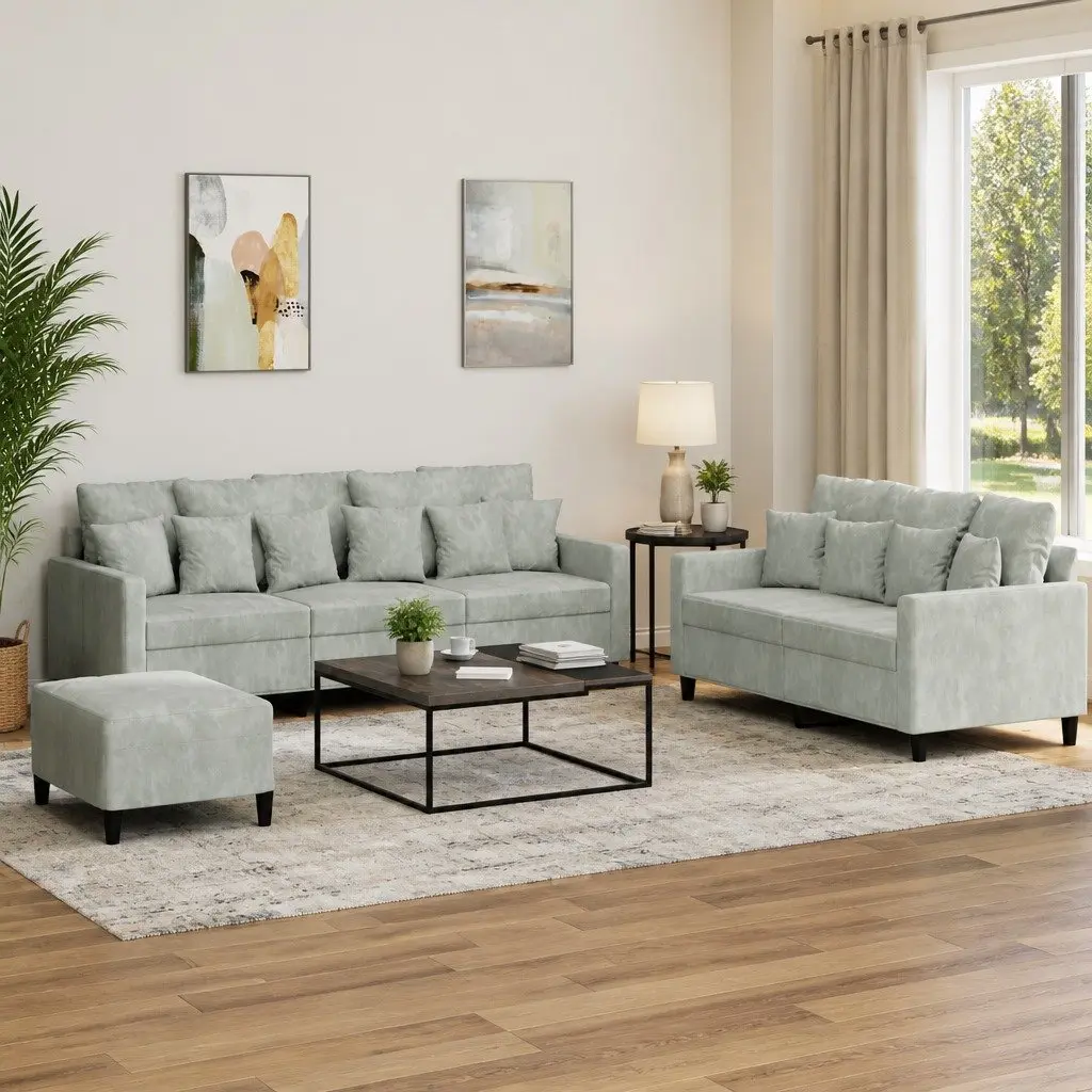 3 Piece Sofa Set Grey Velvet Living Room Couch with Cushions Footstool