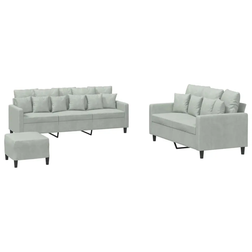 3 Piece Sofa Set Grey Velvet Living Room Couch with Cushions Footstool