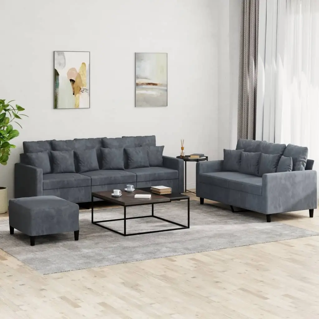 3 Piece Sofa Set for Living Room Grey Velvet