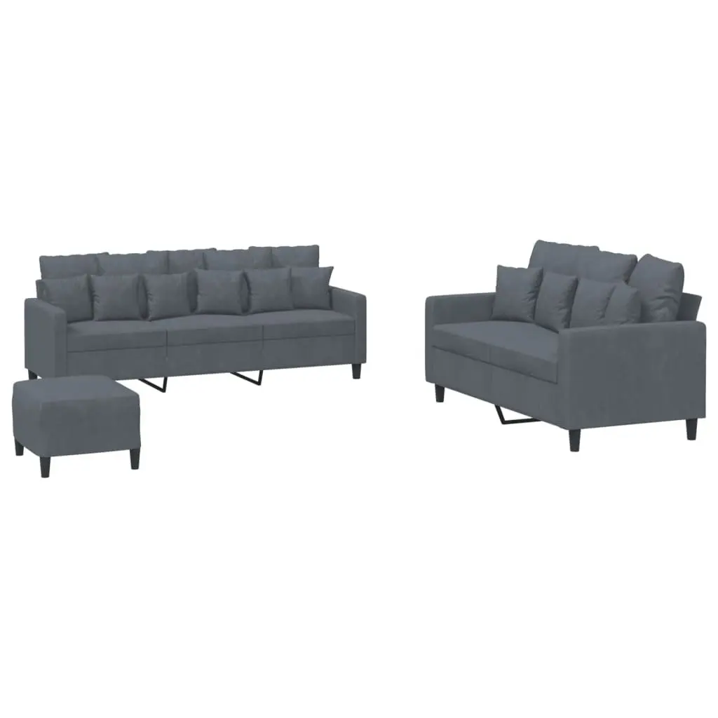 3 Piece Sofa Set for Living Room Grey Velvet