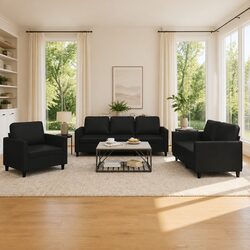 3 Piece Sofa Set Black Faux Leather Lounge Suite with Cushions Living Room