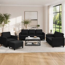 4 Piece Sofa Set: Black Faux Leather with Footstool