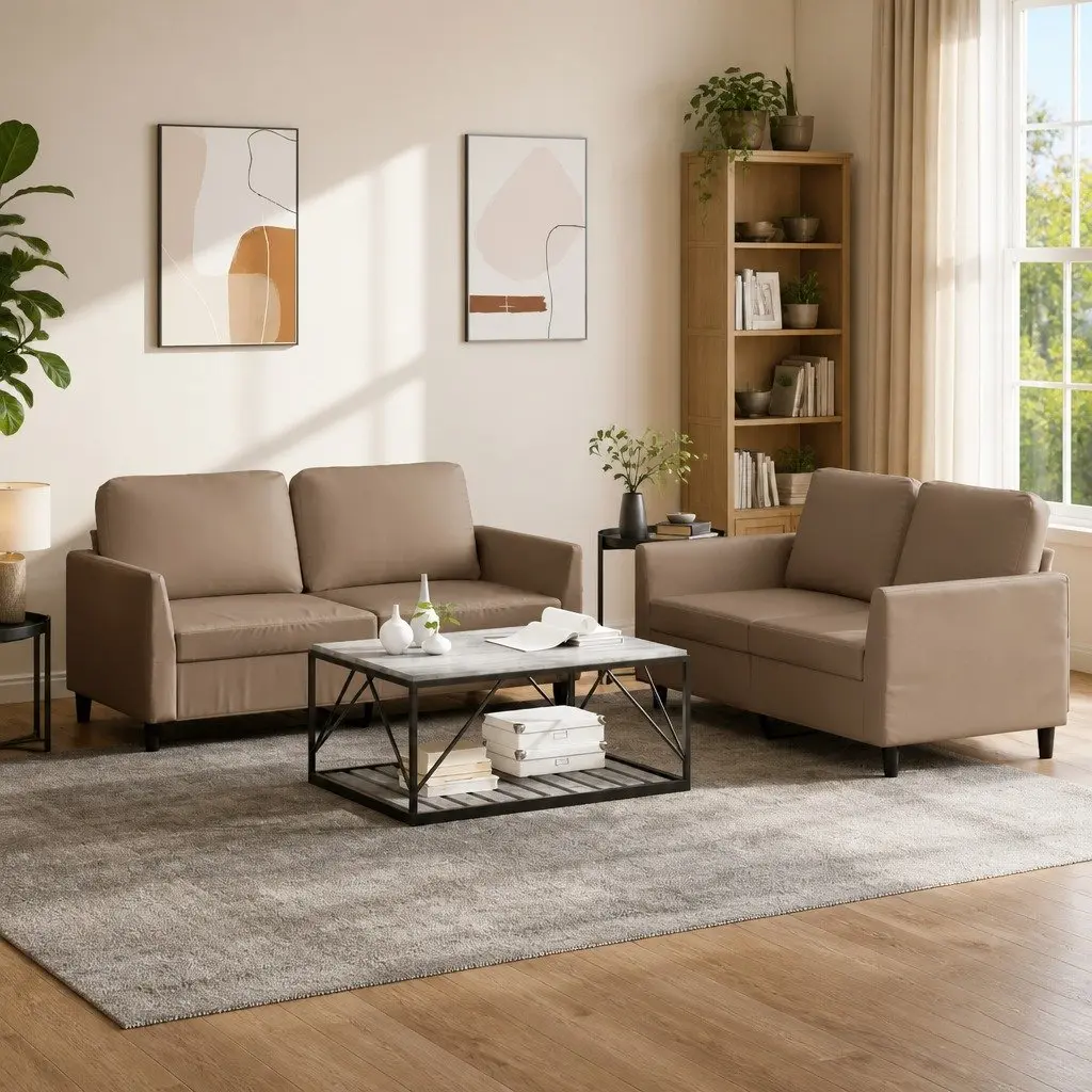 2 Piece Brown Faux Leather Sofa Set