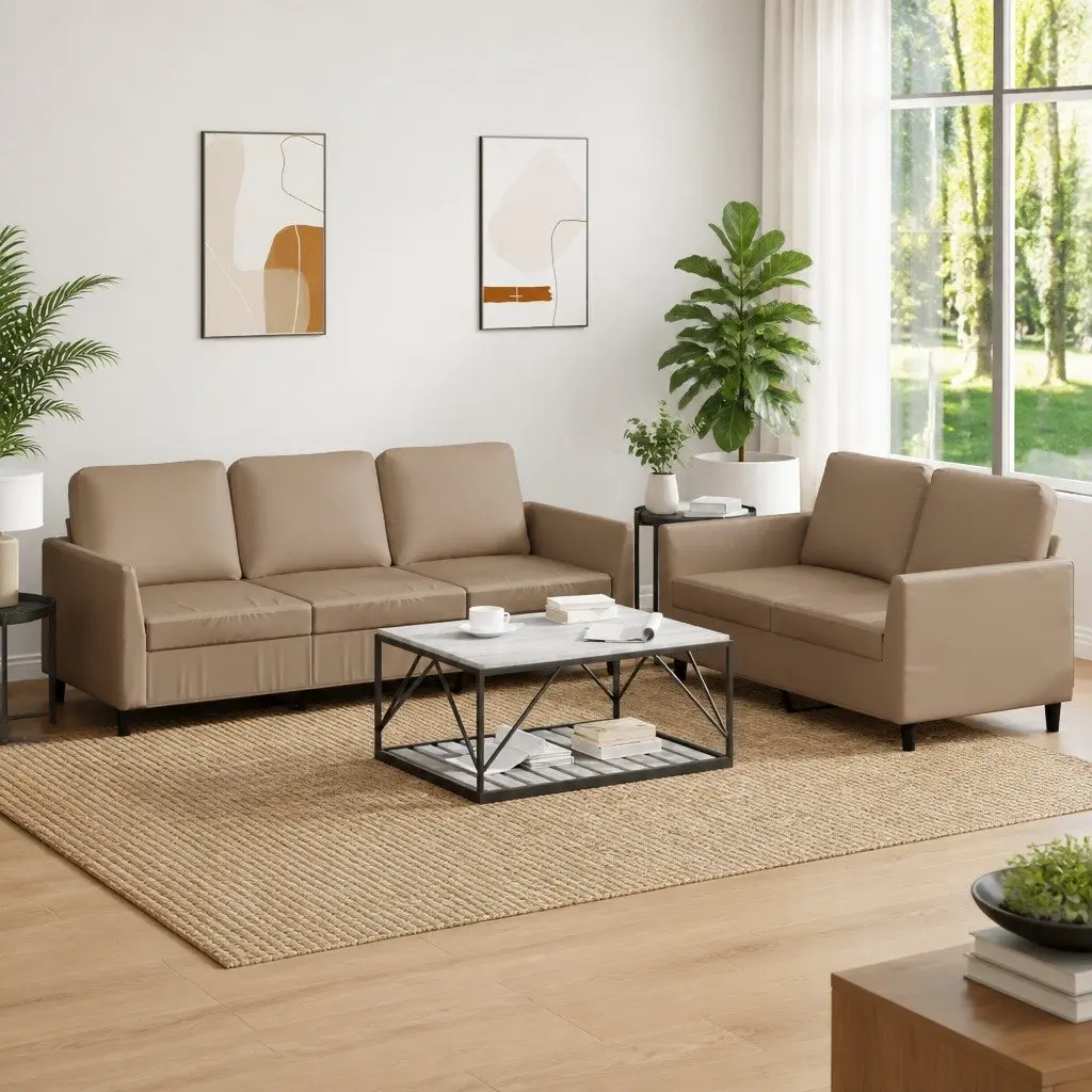 2 Piece Sofa Set Living Room Brown Faux Leather
