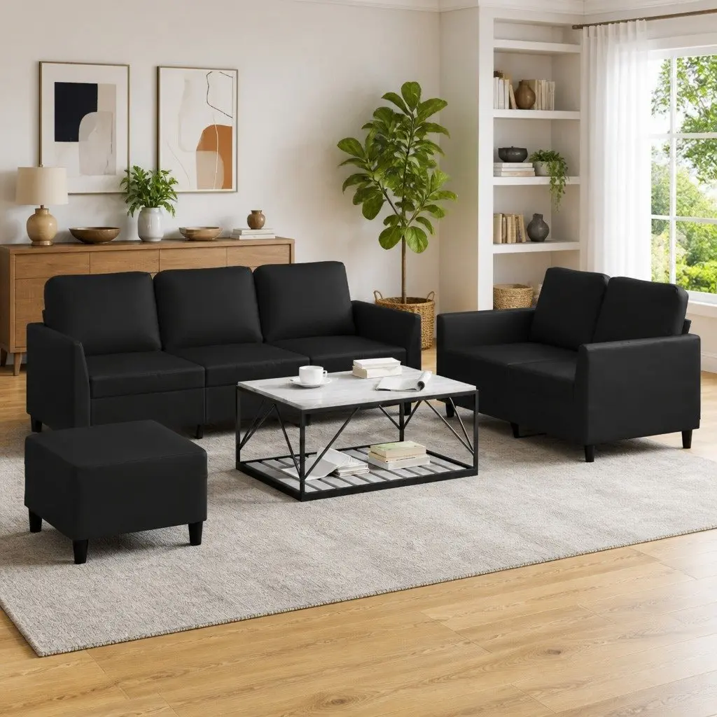 3 Piece Sofa Set for Living Room Black Faux Leather