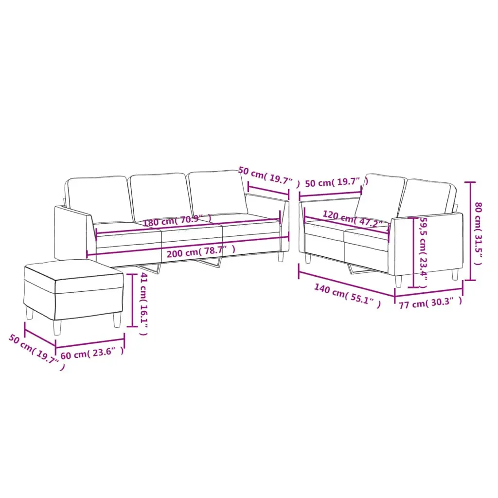 3 Piece Sofa Set for Living Room Black Faux Leather