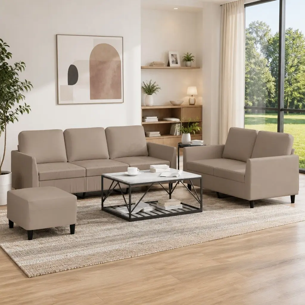 3 Piece Sofa Set Living Room Brown Faux Leather