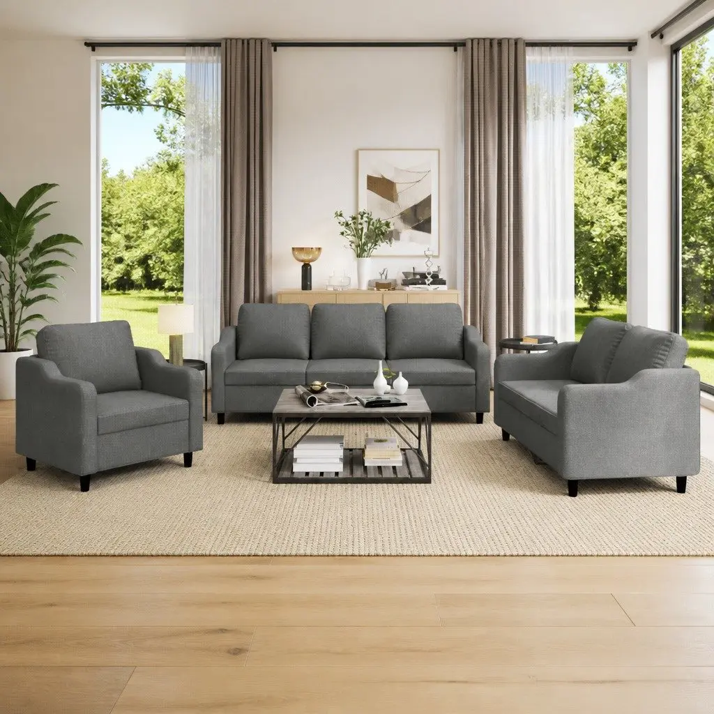 3 Piece Sofa Set with Cushions Grey Fabric Living Room Furniture Lounge Seating