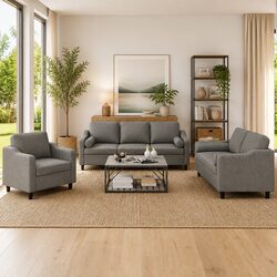 Grey Fabric 3 Piece Sofa Set: Dimensions and Specs