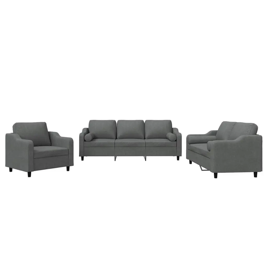 3 Piece Sofa Set Grey Fabric Couch Living Room Furniture with Pillows