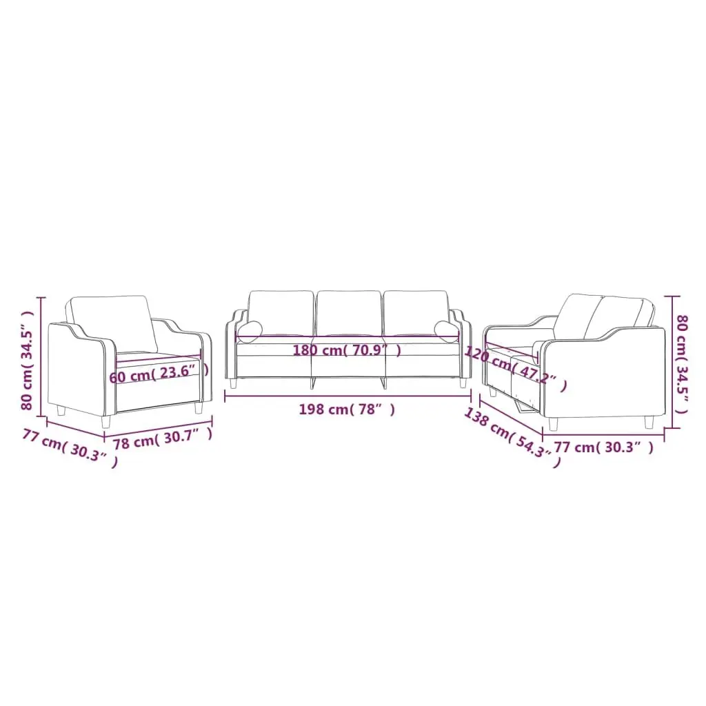 3 Piece Sofa Set Grey Fabric Couch Living Room Furniture with Pillows