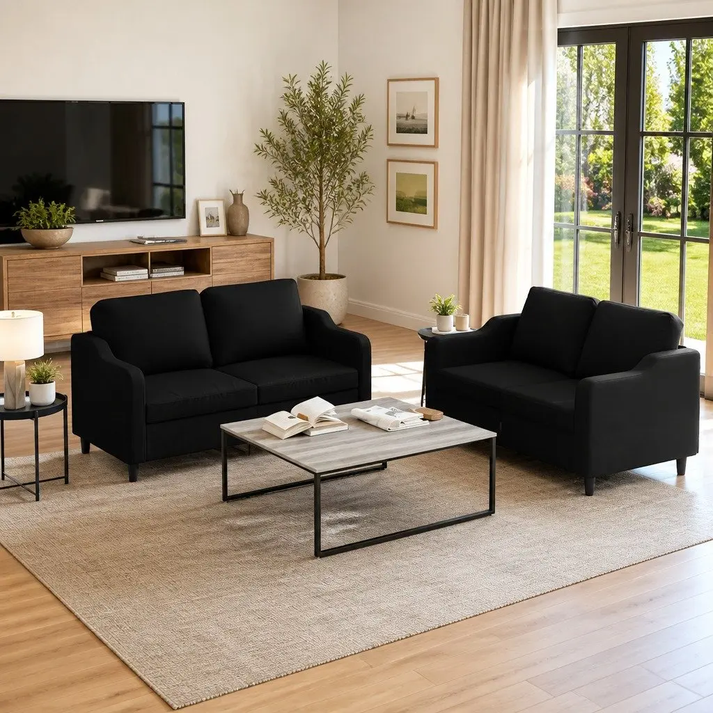 Black Fabric 2 Piece Sofa Set with Cushions