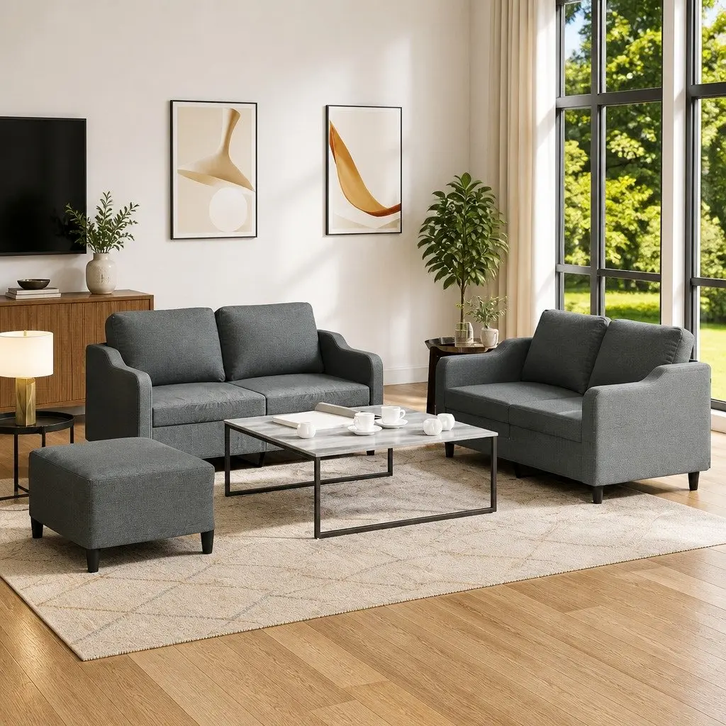 3 Piece Grey Fabric Sofa Set for Living Room