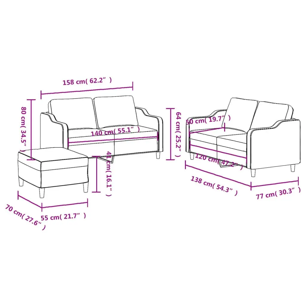 3 Piece Grey Fabric Sofa Set for Living Room