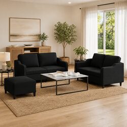 3-Piece Sofa Set: Black Fabric Lounge Suite Details