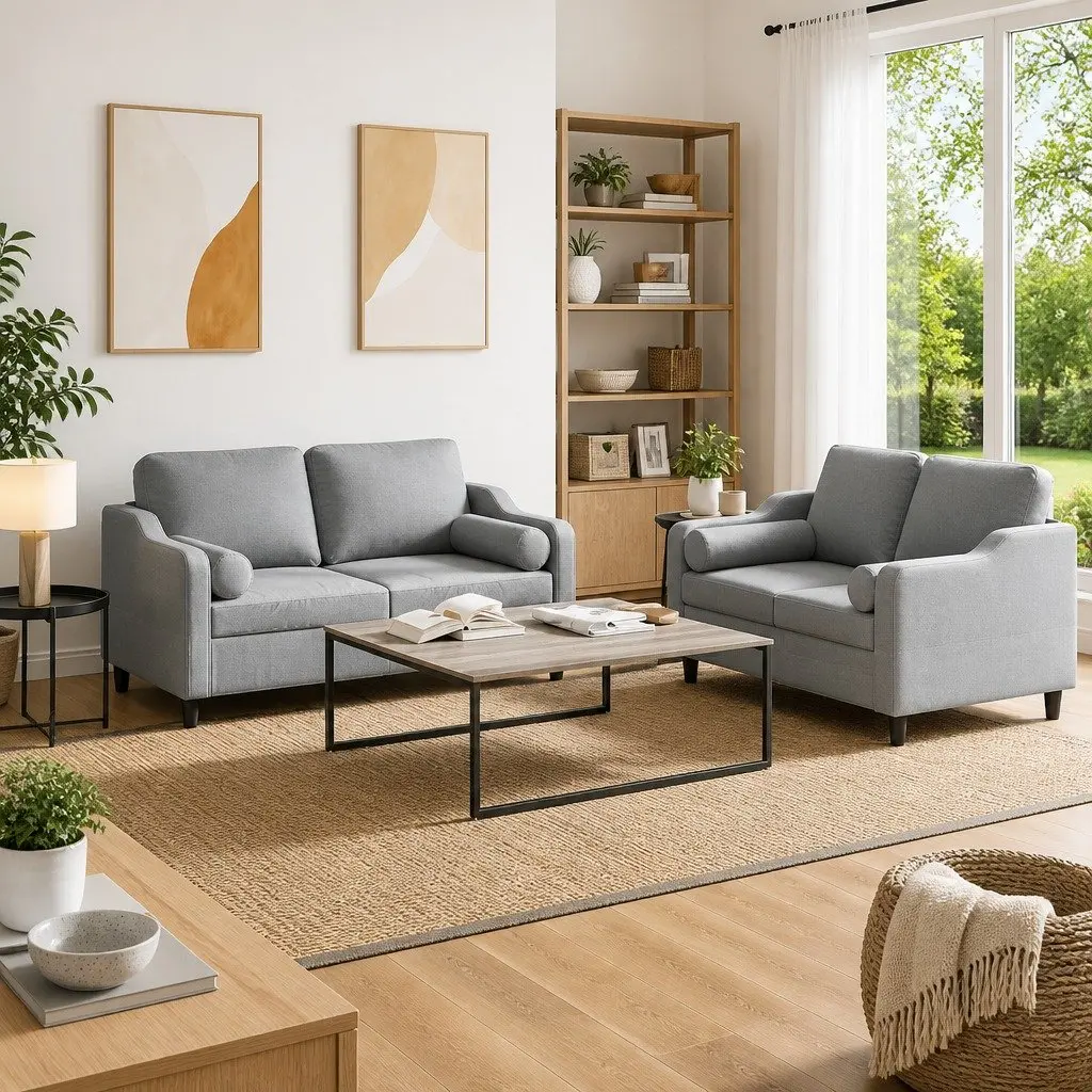 2 Piece Sofa Set in Light Grey Fabric