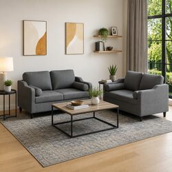 Grey Fabric Sofa Set: 2 Pieces with Roll Pillows Included