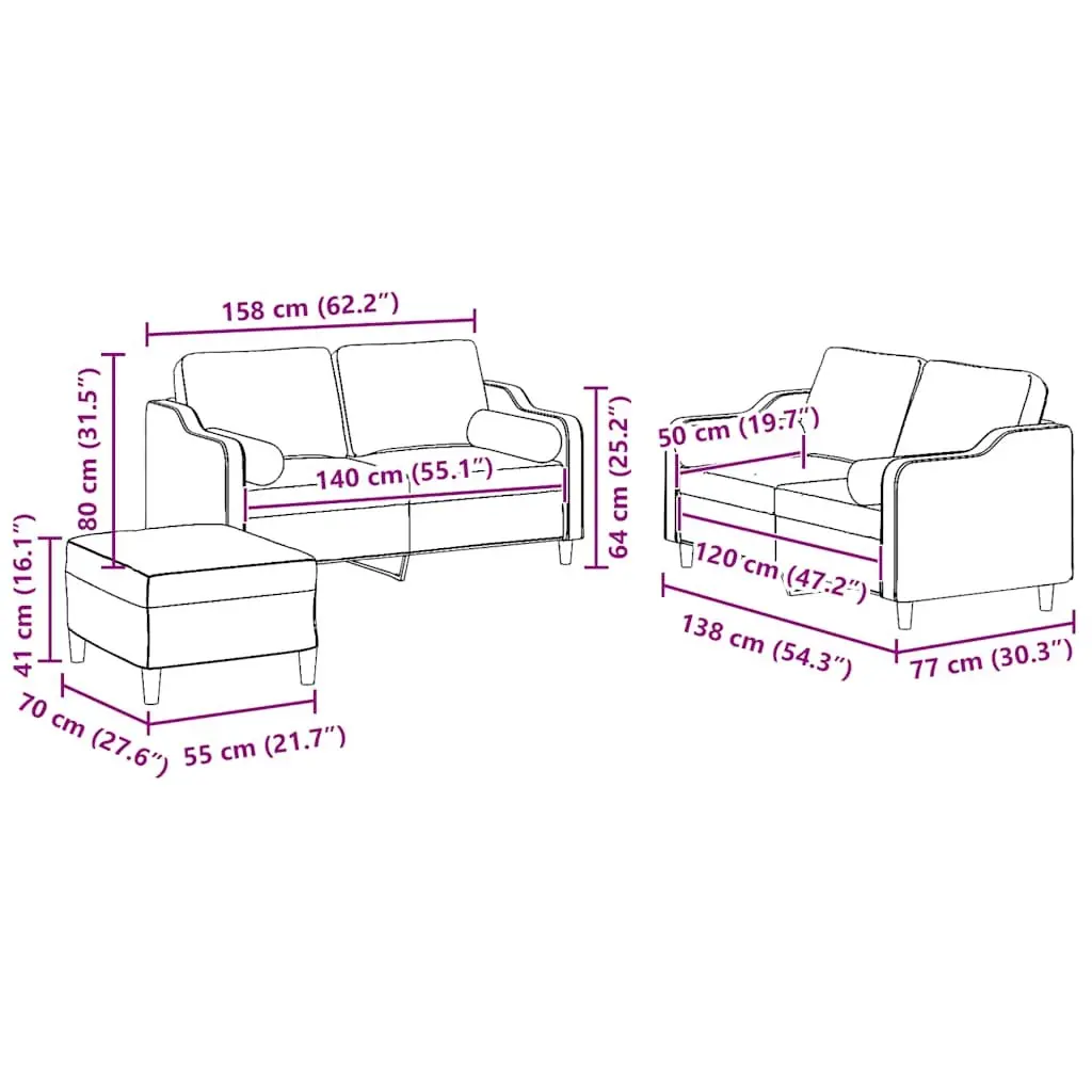 3 Piece Sofa Set with Pillows and Footstool Grey Fabric Living Room Lounge