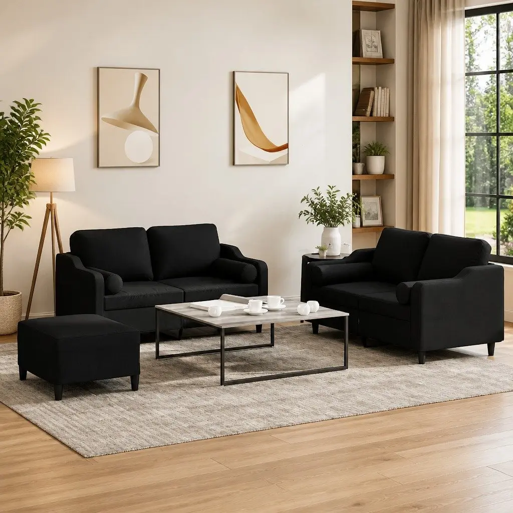 3 Piece Sofa Set Black Fabric Living Room