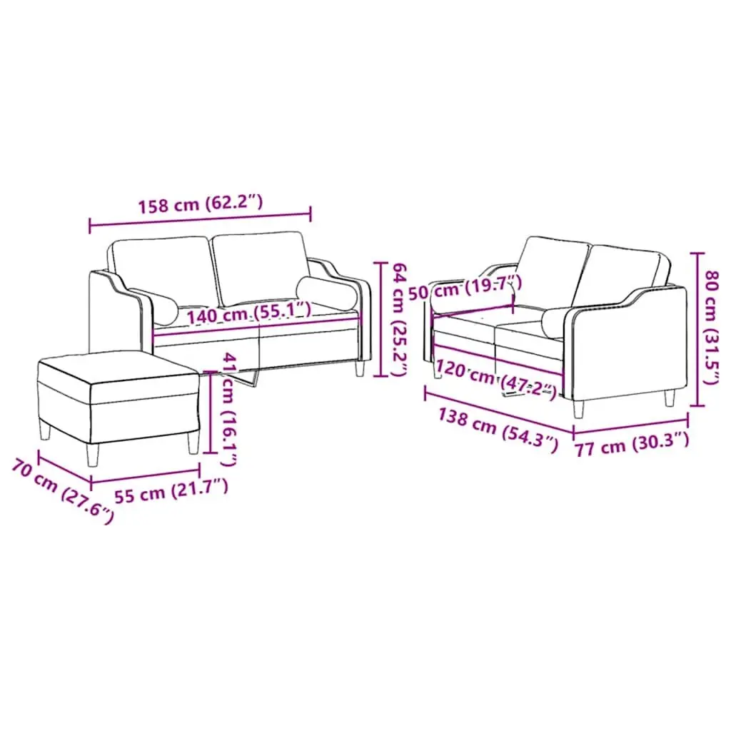 3 Piece Sofa Set Black Fabric Living Room