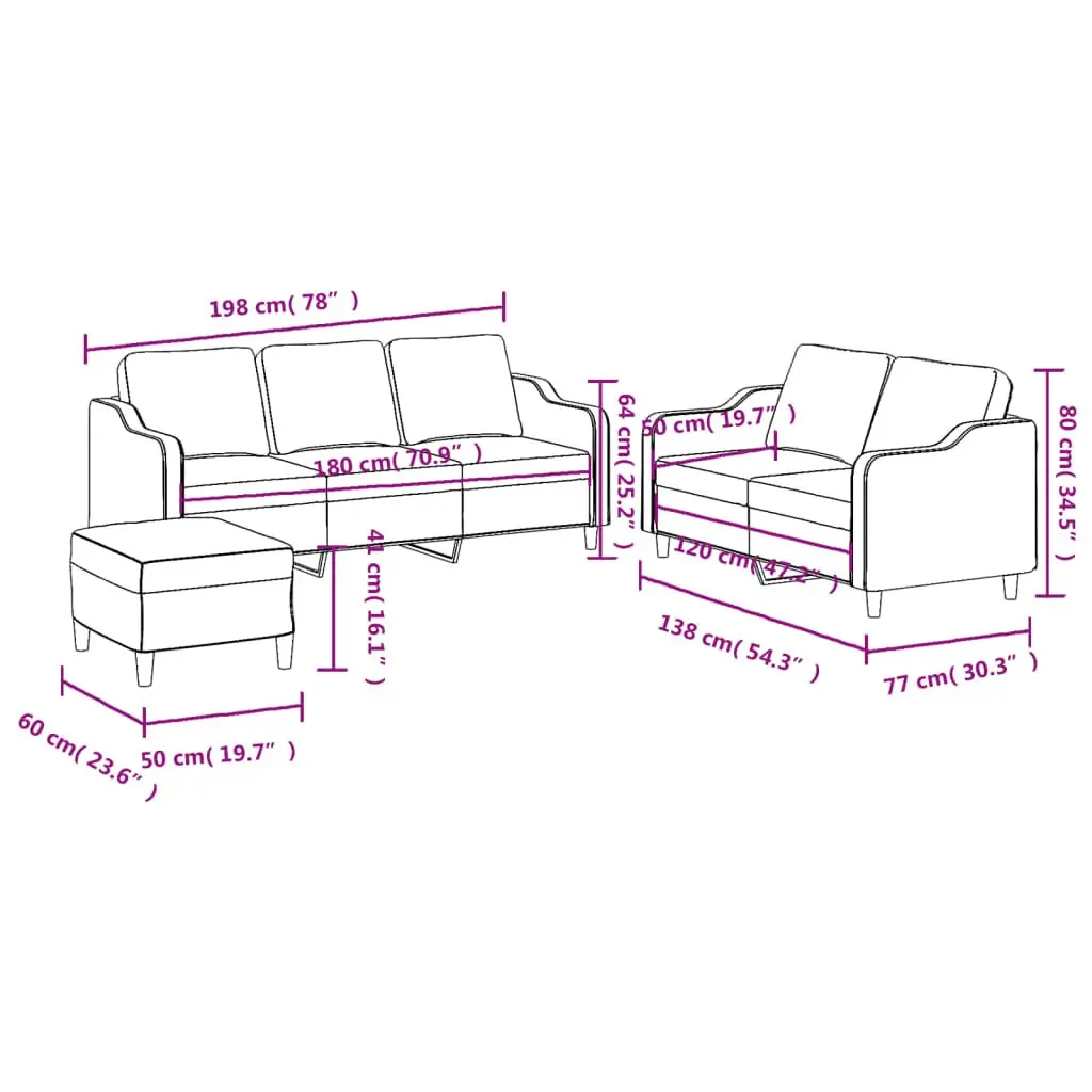 3 Piece Sofa Set with Cushions Grey Fabric Living Room Furniture Footstool