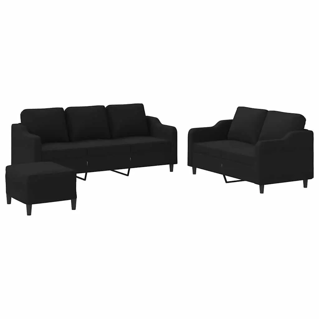 3 Piece Sofa Set Black Fabric Lounge Suite with Footstool Cushions Living Room