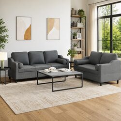 2 Piece Sofa Set with Pillows Grey Fabric Lounge Suite Comfortable Seating