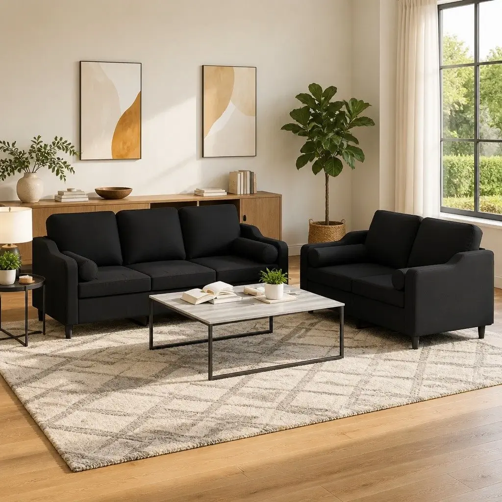 2 Piece Black Fabric Sofa Set with Pillows