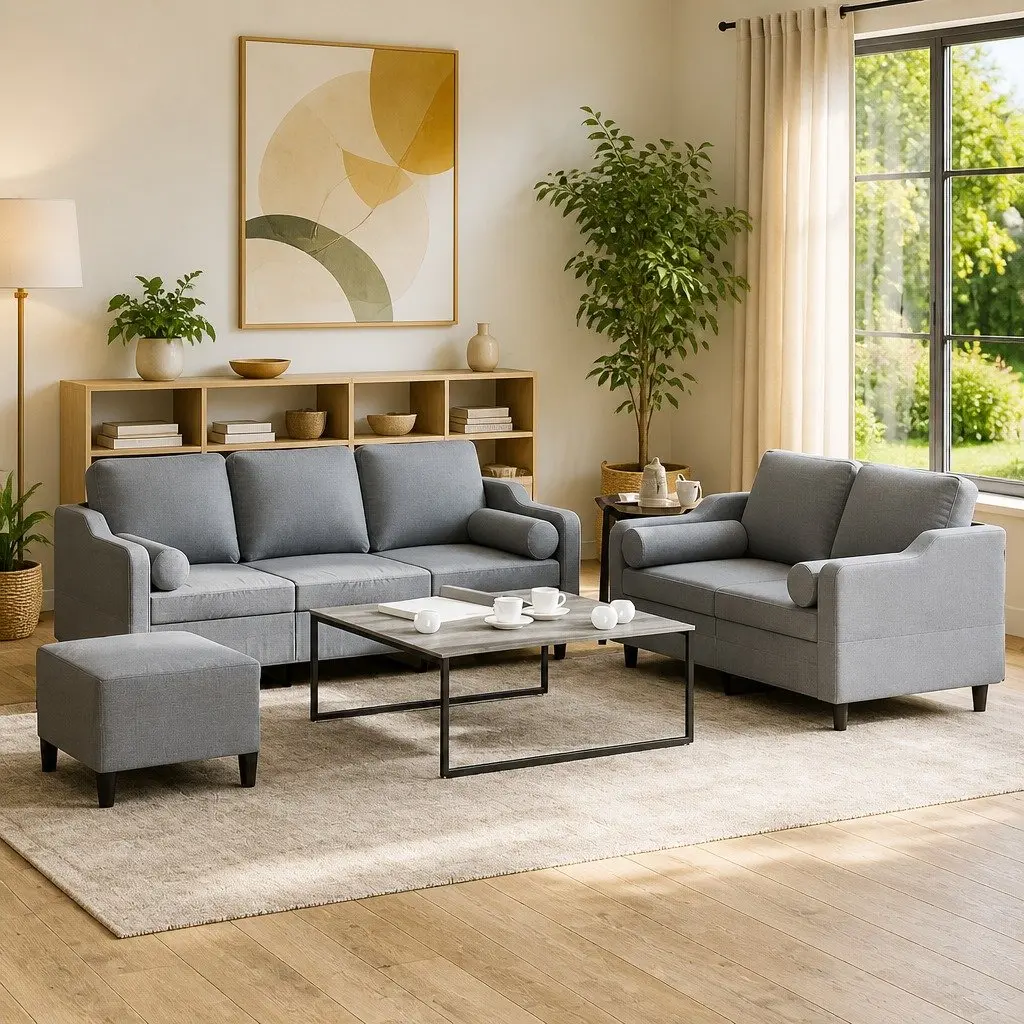 3-Piece Grey Sofa Set with Footstool