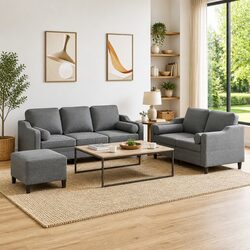 3 Piece Sofa Set: Grey Fabric, Plywood & Metal Frame