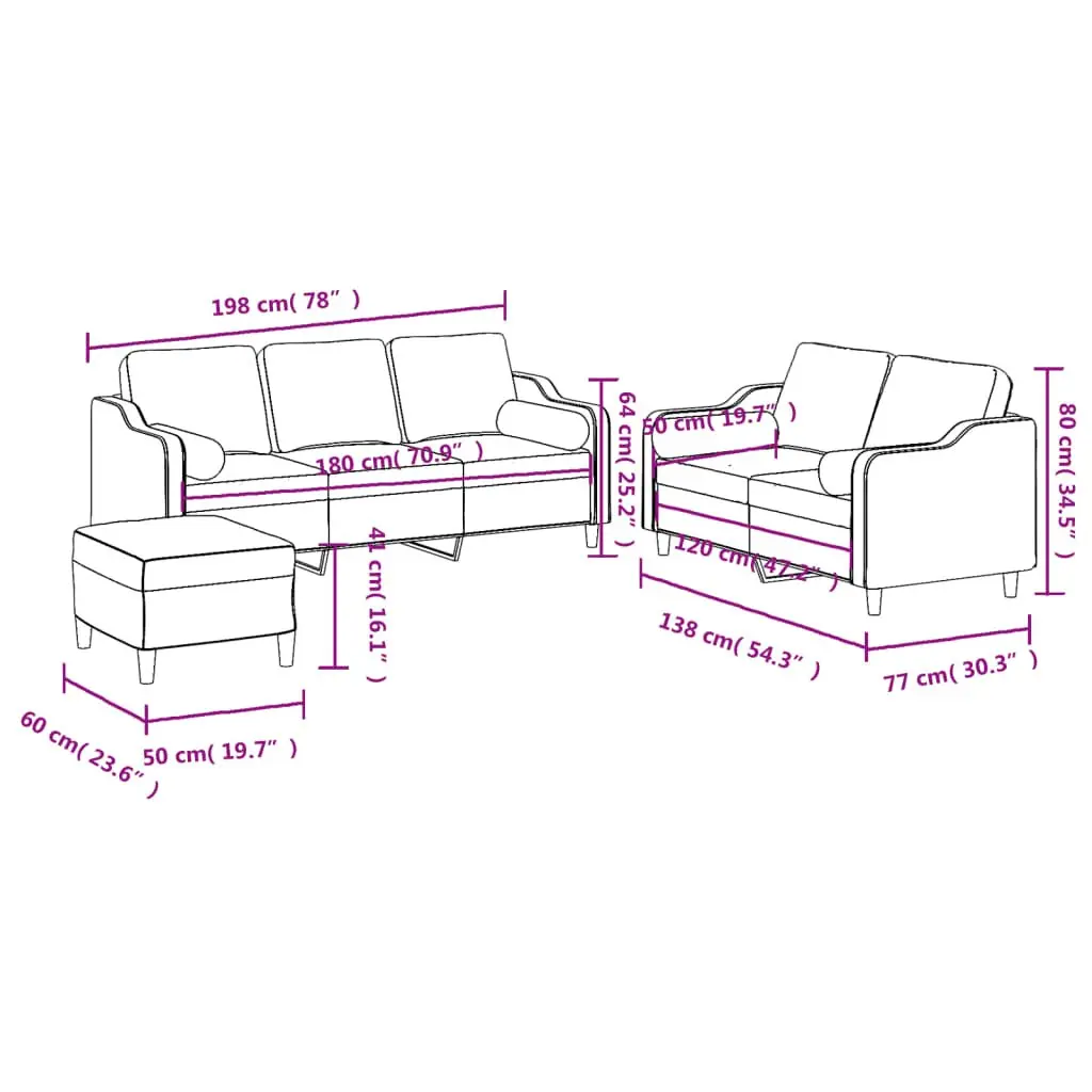 3 Piece Sofa Set with Pillows and Footstool Black Fabric Living Room Lounge