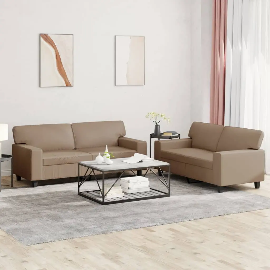 2-Piece Brown Sofa Set with Faux Leather Upholstery