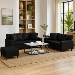 3 Piece Black Faux Leather Sofa Set with Footstool Dimensions