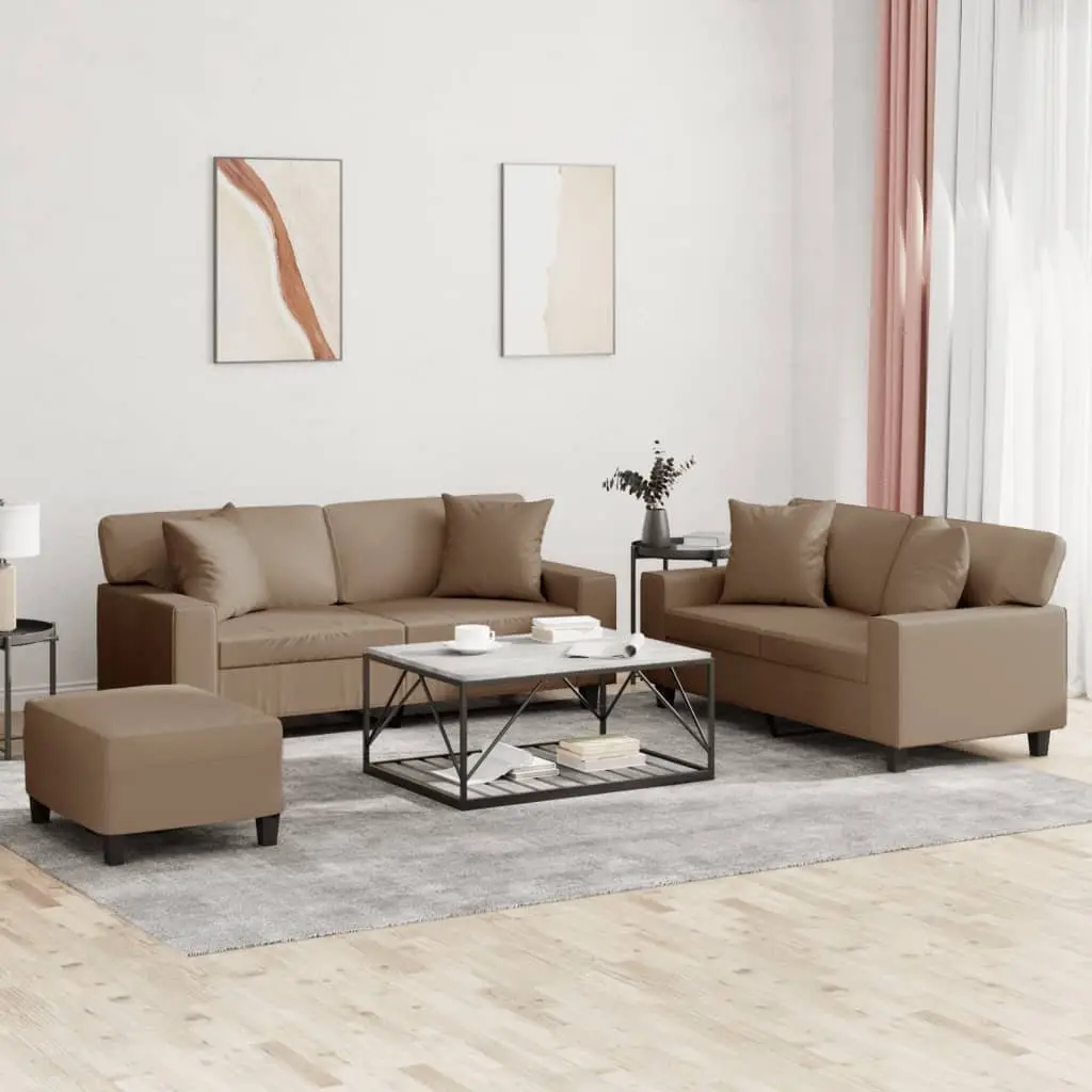 3 Piece Sofa Set for Living Room Brown Faux Leather Upholstery with Pillows and Footstool