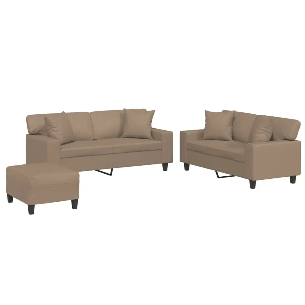 3 Piece Sofa Set for Living Room Brown Faux Leather Upholstery with Pillows and Footstool